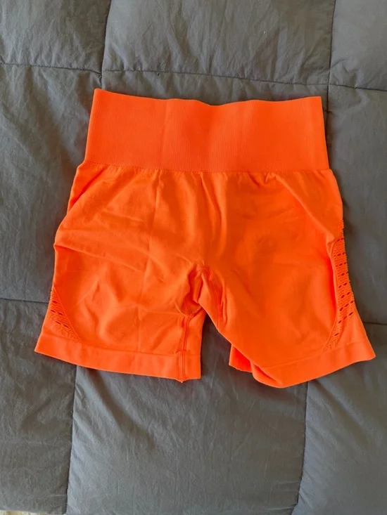 Violate The Dress Code High-Rise Neon Orange Women’s Active Bike Shorts - Picture 2 of 4
